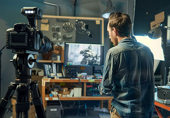 Behind the scenes of a professional video shoot.