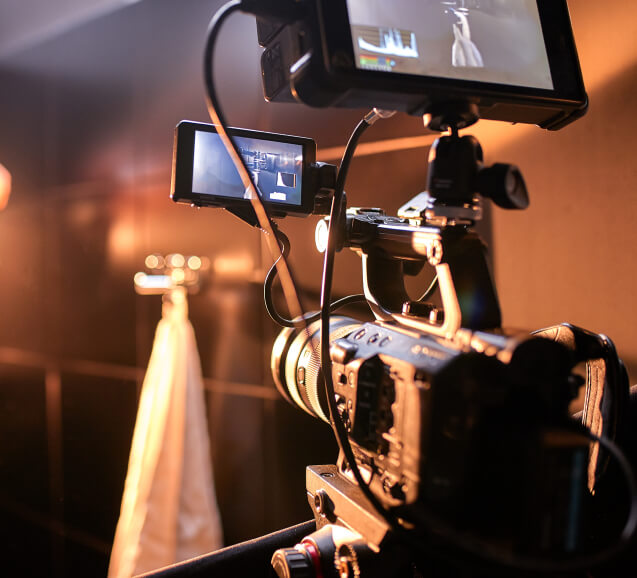 Film crew on set in a film studio.