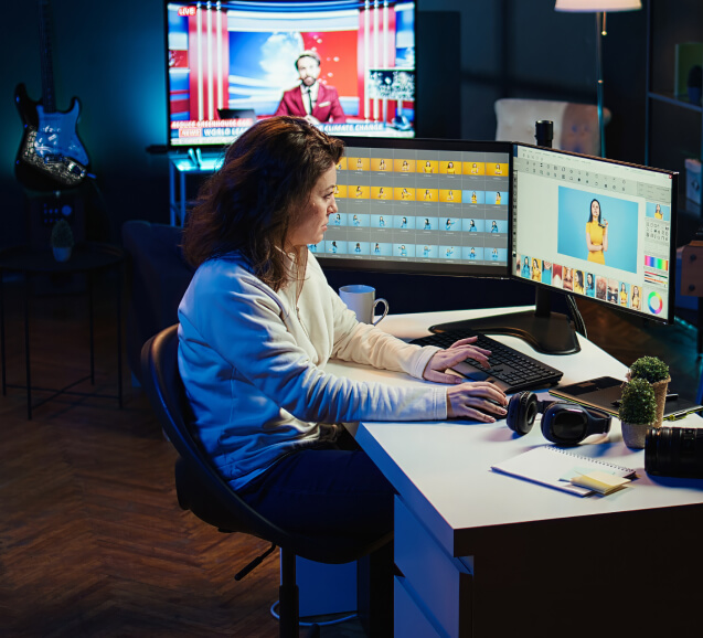 Freelancer editing images and adjusting color balance.